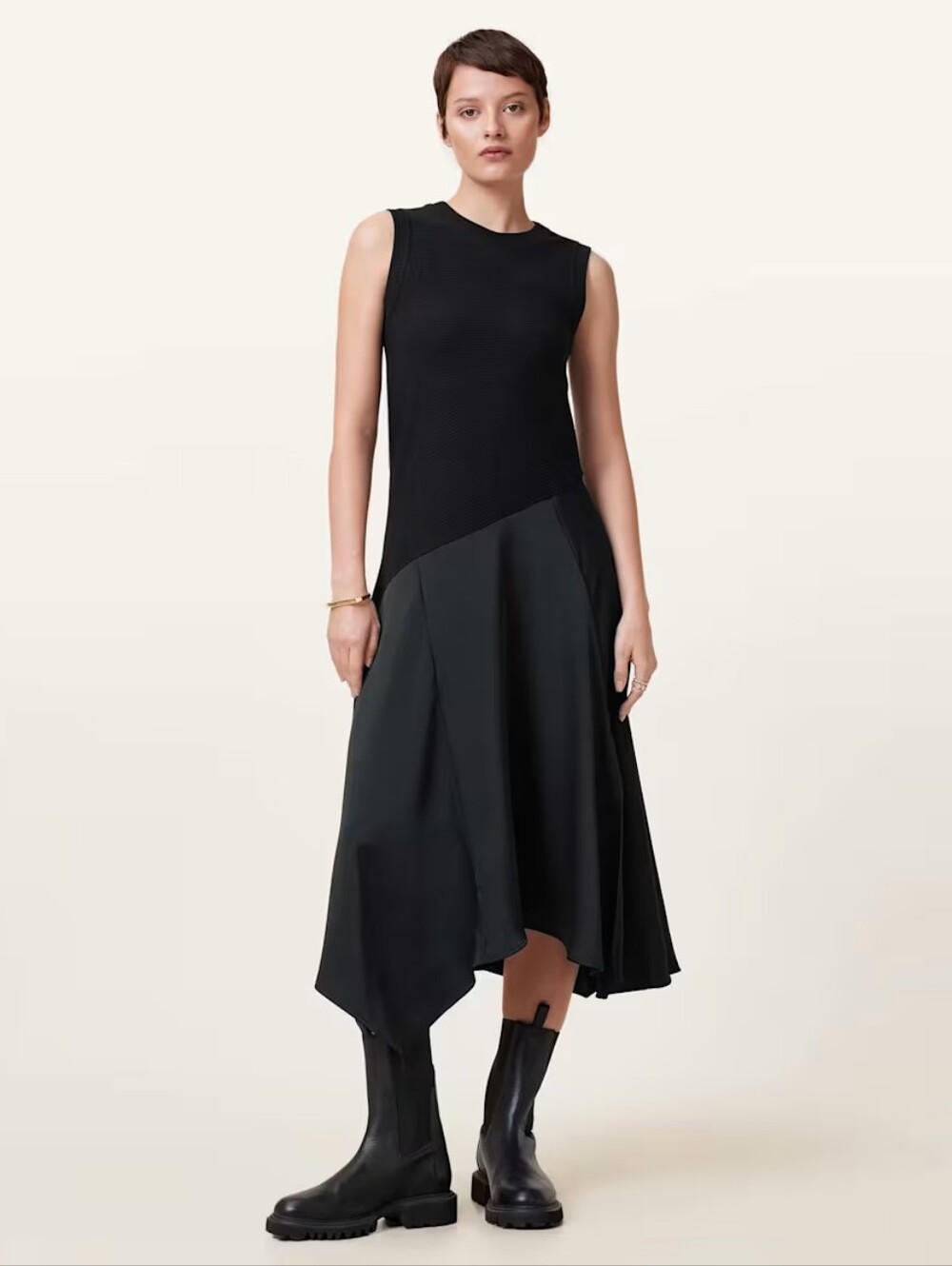All Saints Pia Asymmetrical Satin & Jersey Midi Dress In Black 🖤 NWT 🖤